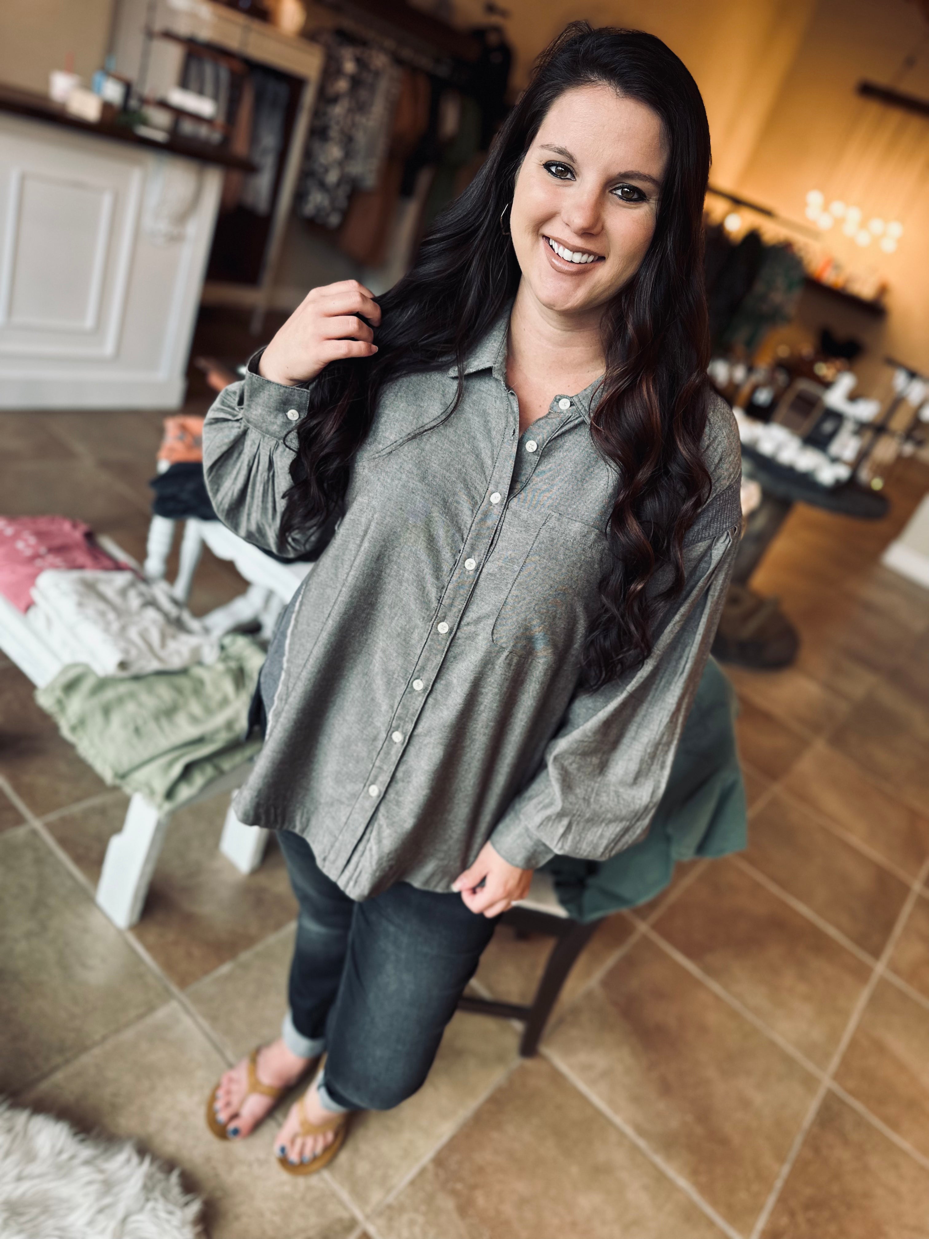 Let Love Live Charcoal Button Up Blouse