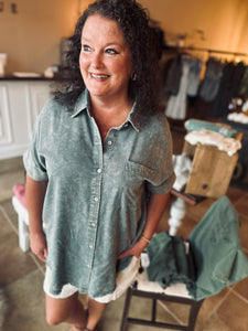 Happy Ever After Sage Wash Button Up