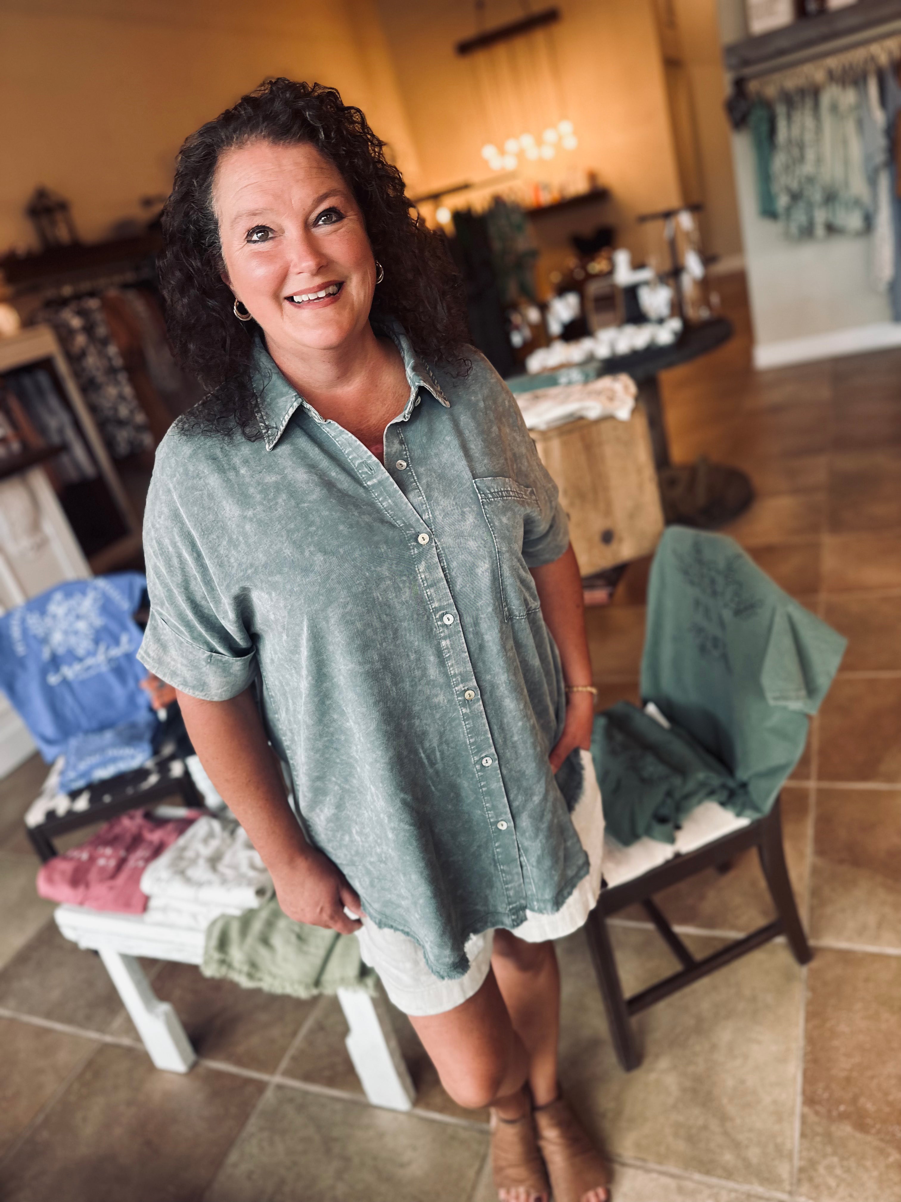 Happy Ever After Sage Wash Button Up