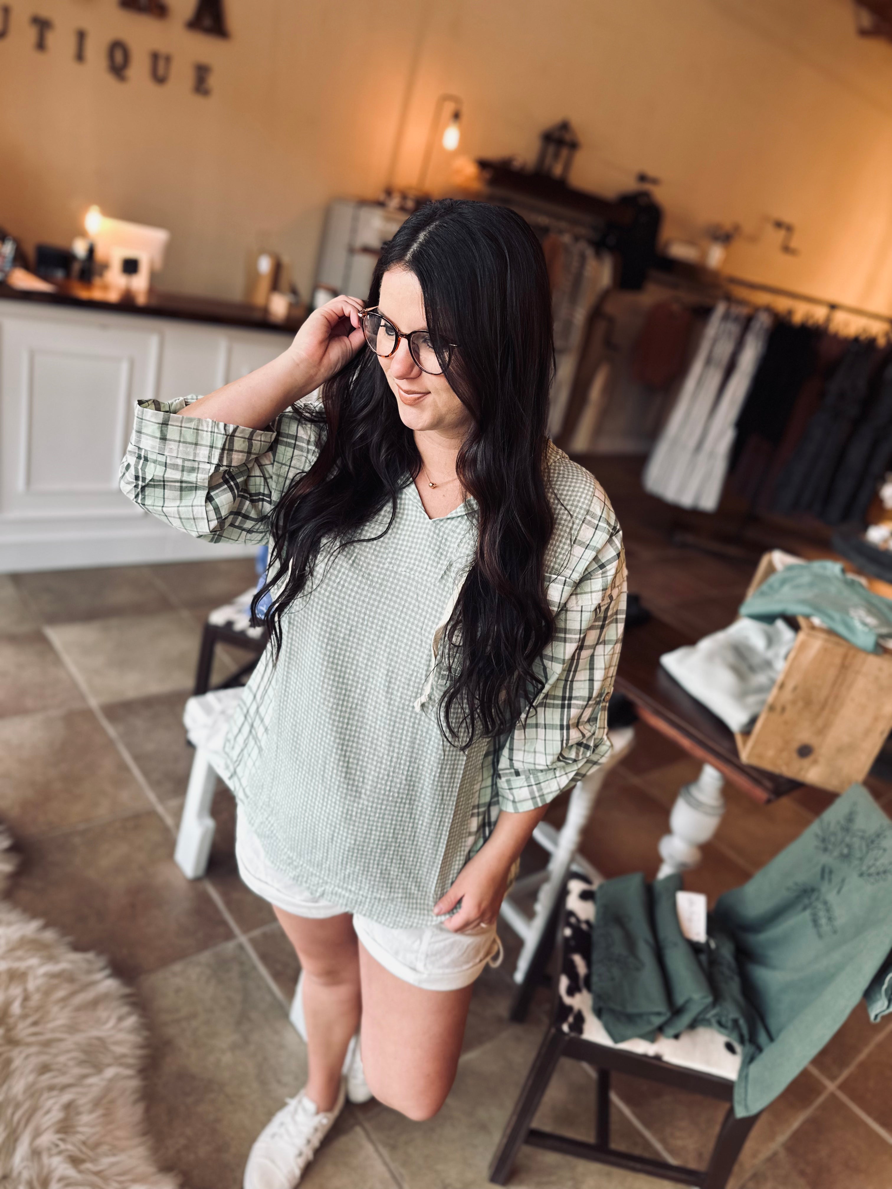 Summer Stroll Mint Plaid Hoodie Top FINAL SALE