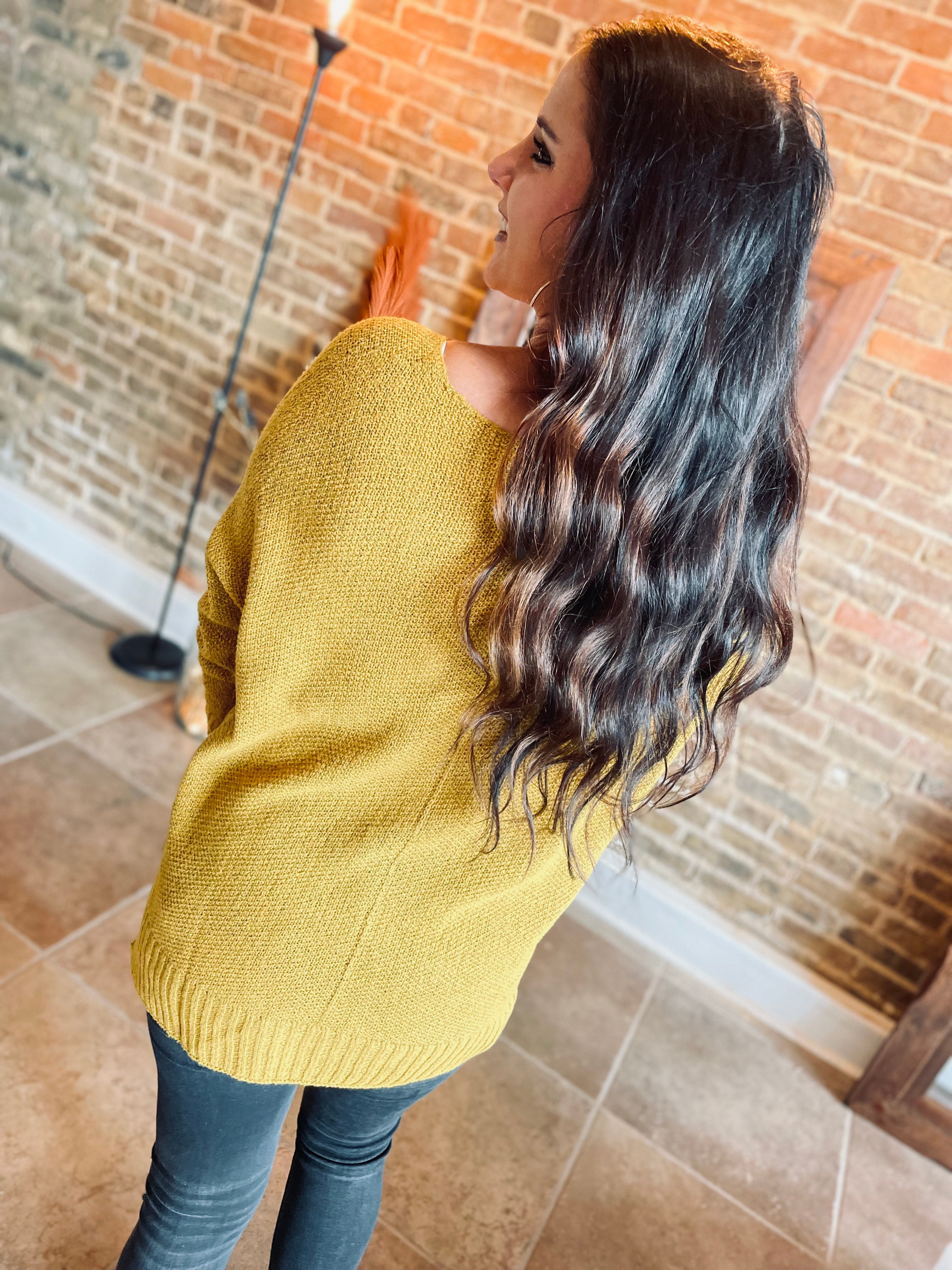 Love Overcomes Mustard Sweater