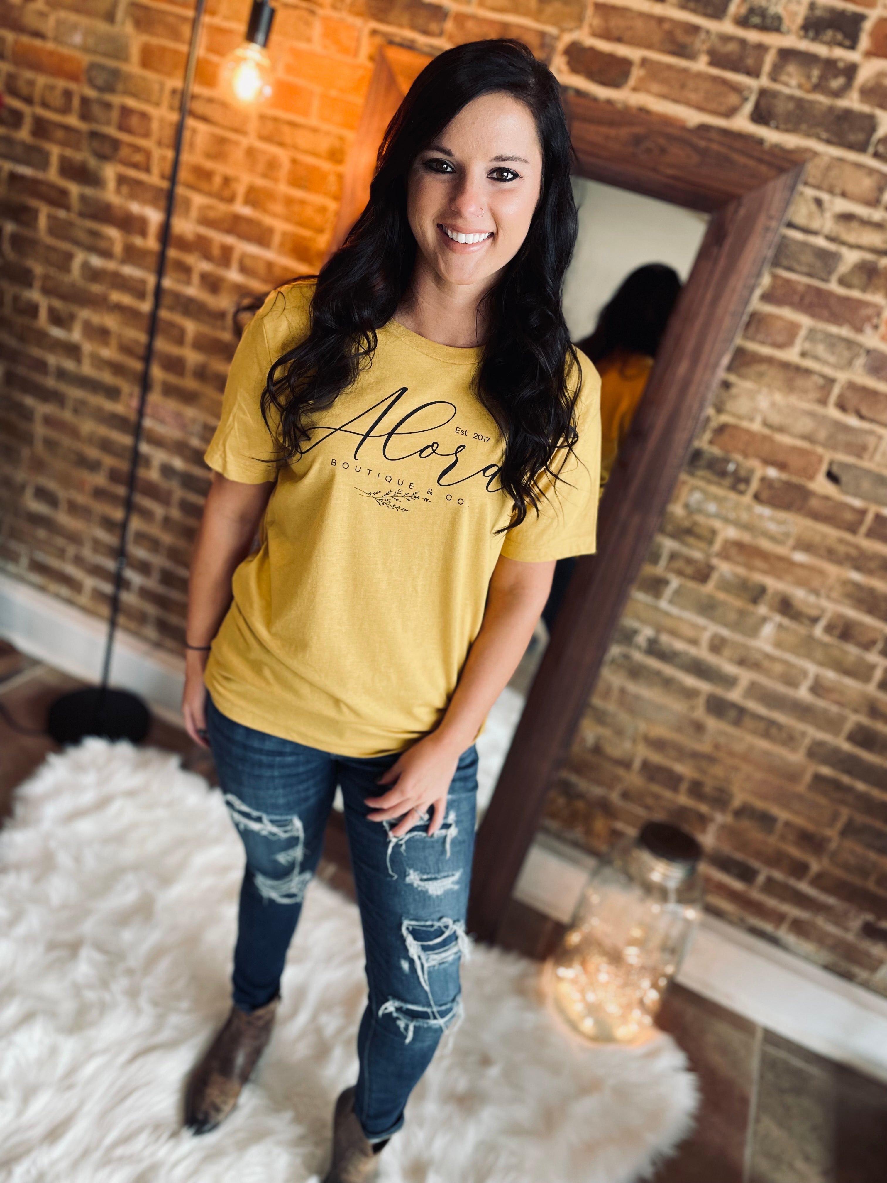 “Alora Boutique” Heather Mustard Logo Tee FINAL SALE