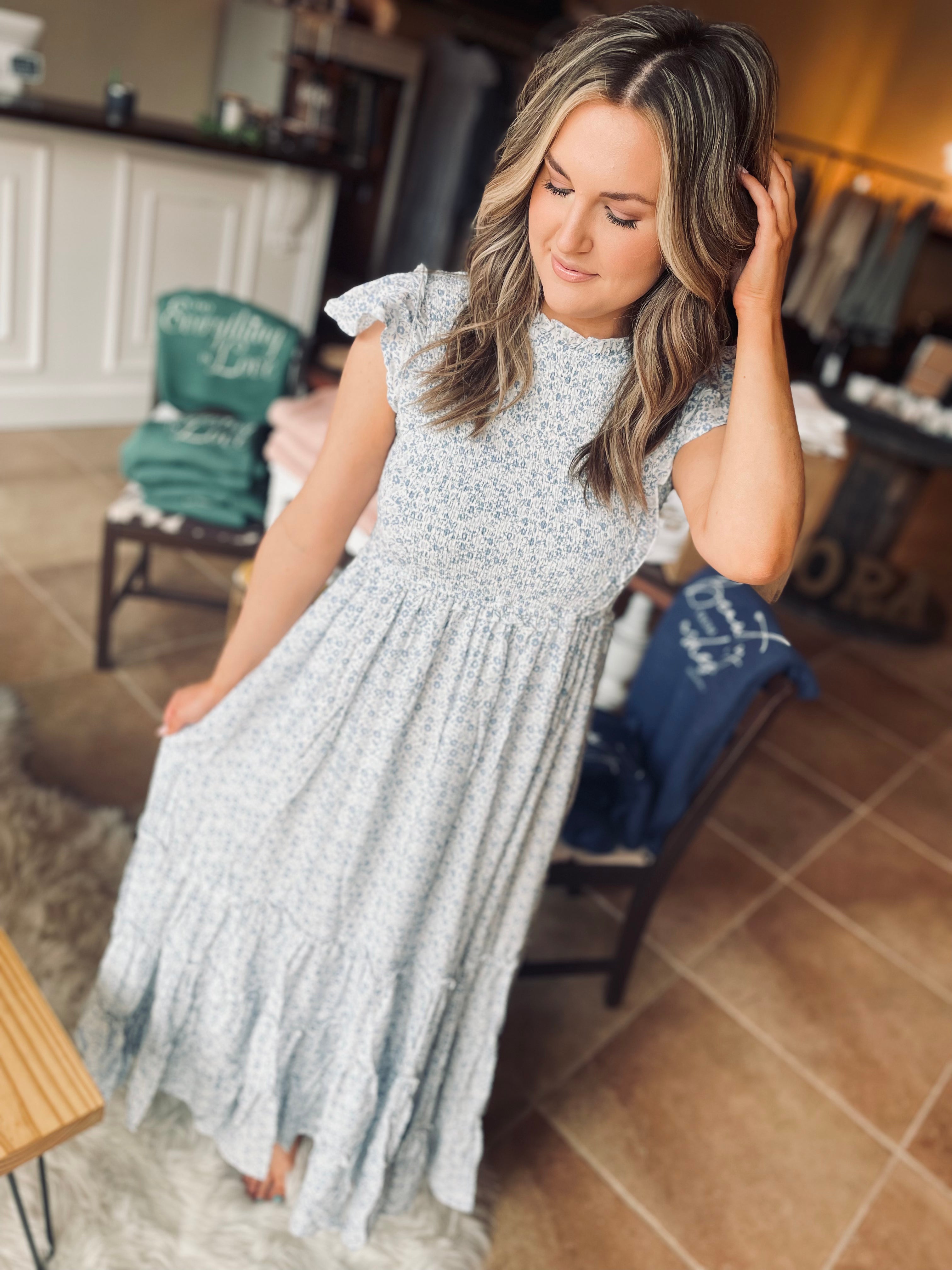 PRE-ORDER Forever Yours Dusty Blue Print Midi Dress