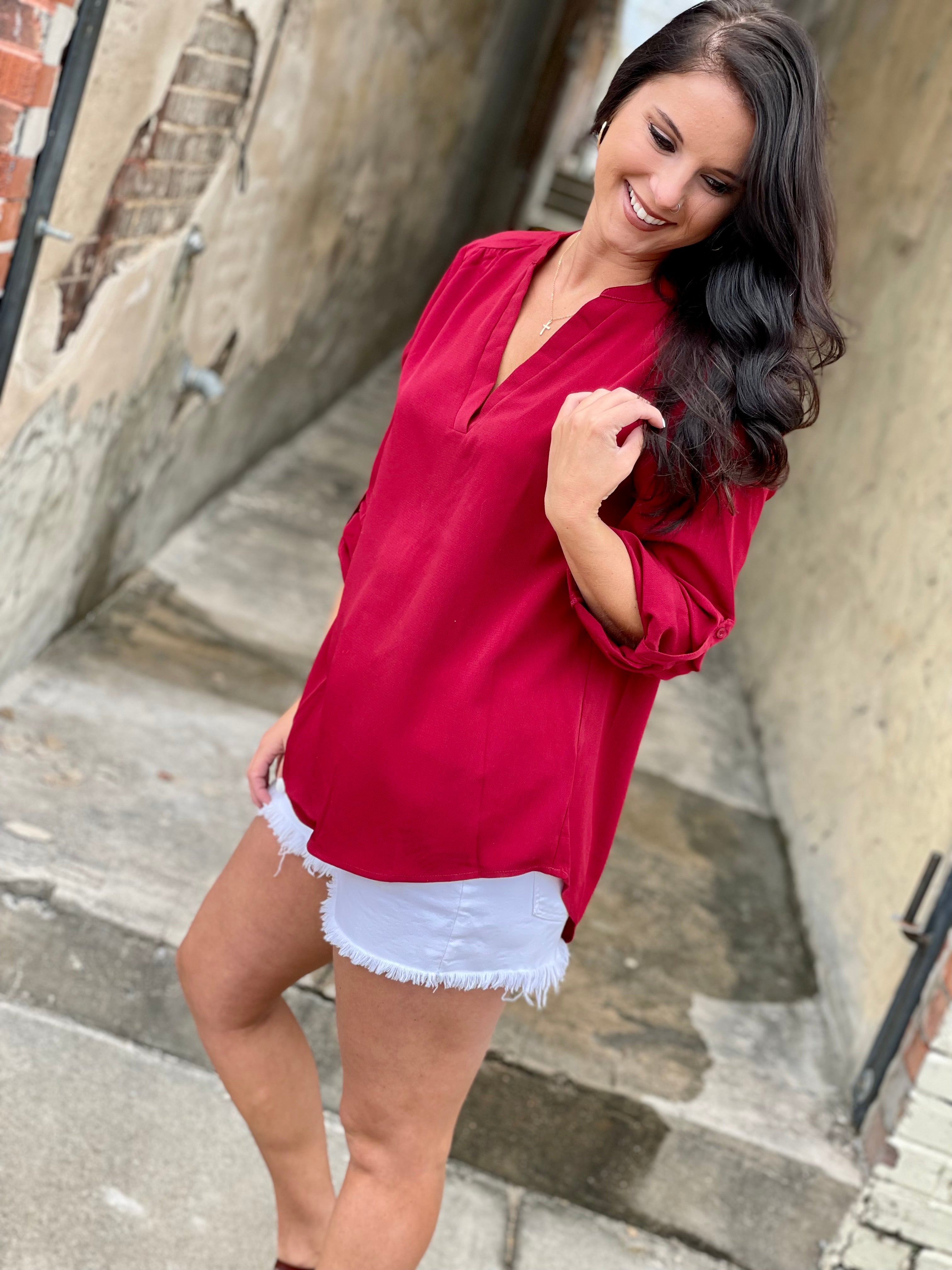 Burgundy V-Neck Blouse