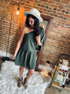 Fall Leaves Olive One Shoulder Short Dress