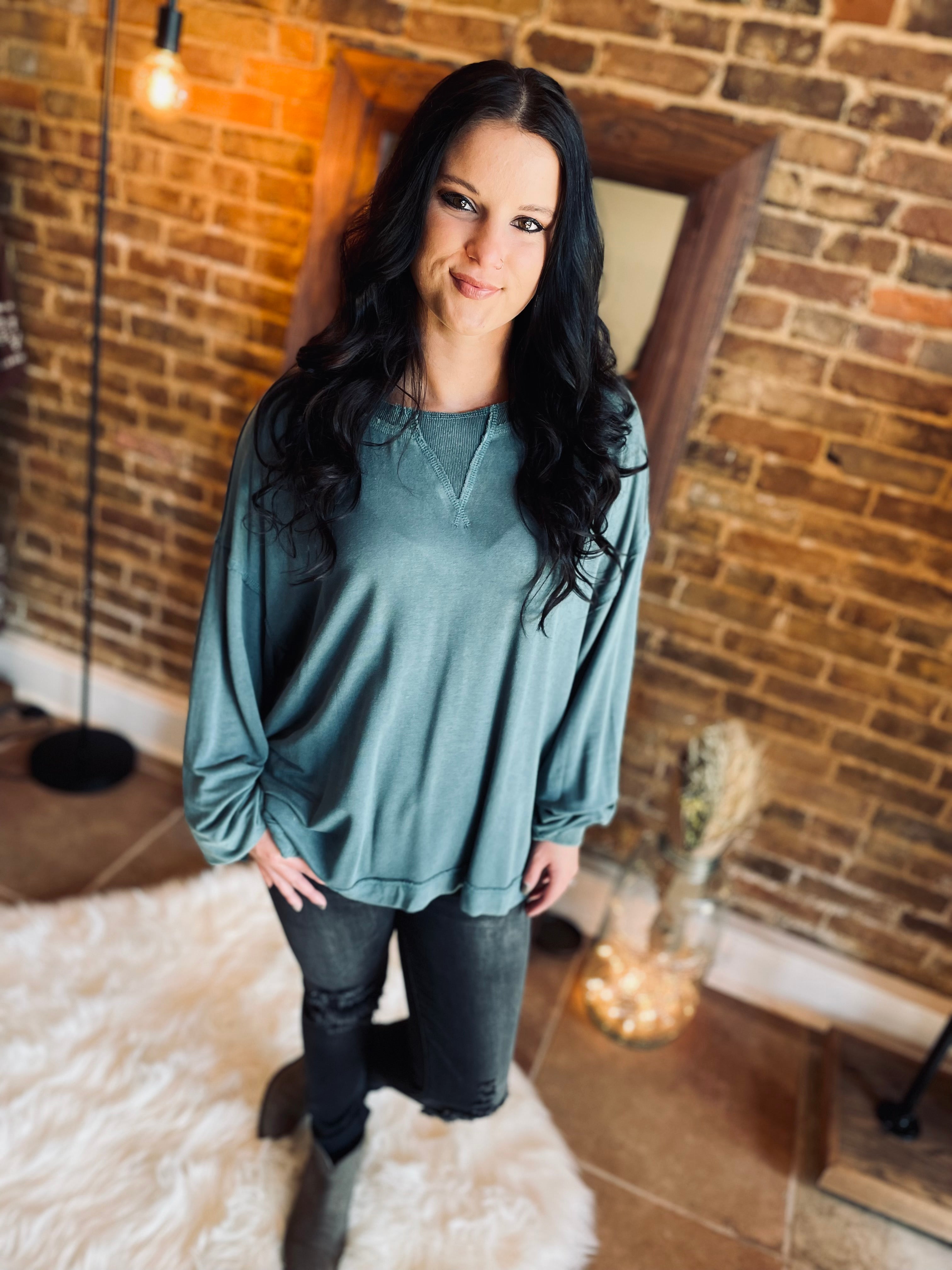 Cozy Up Teal Washed Pullover