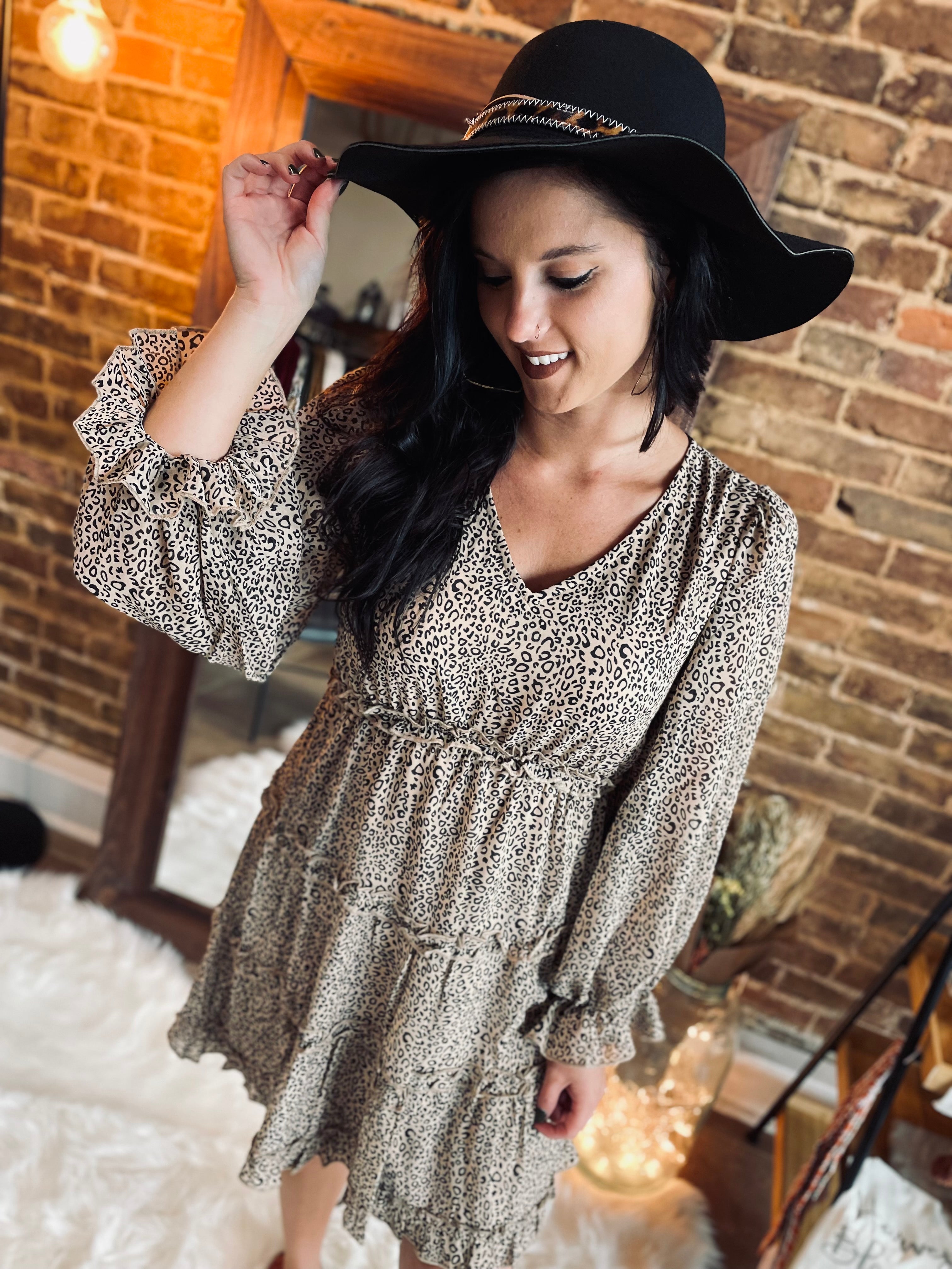 Stay Next To Me Taupe Print Ruffle Dress