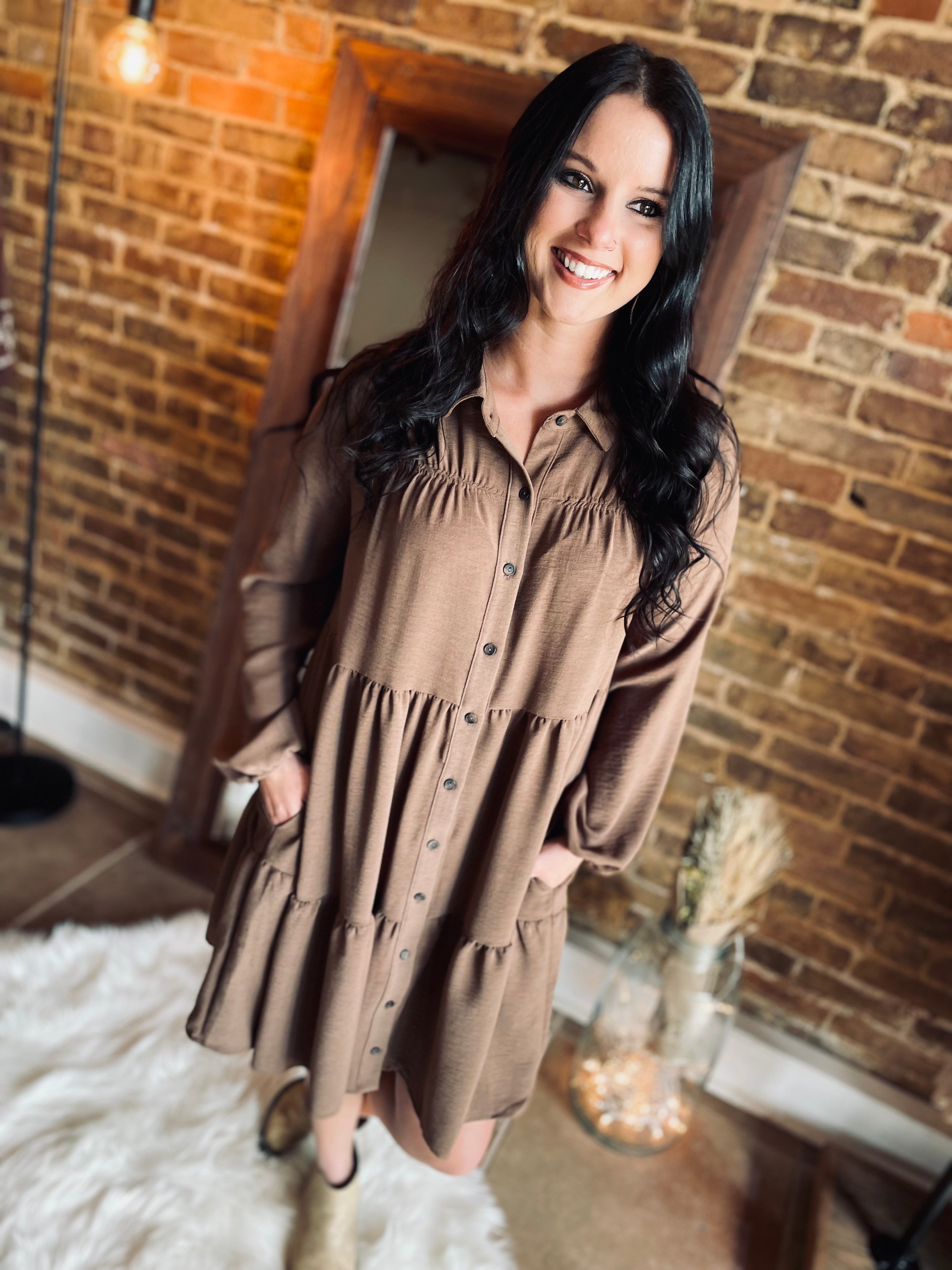 Cozy Evening Brown Button Dress FINAL SALE