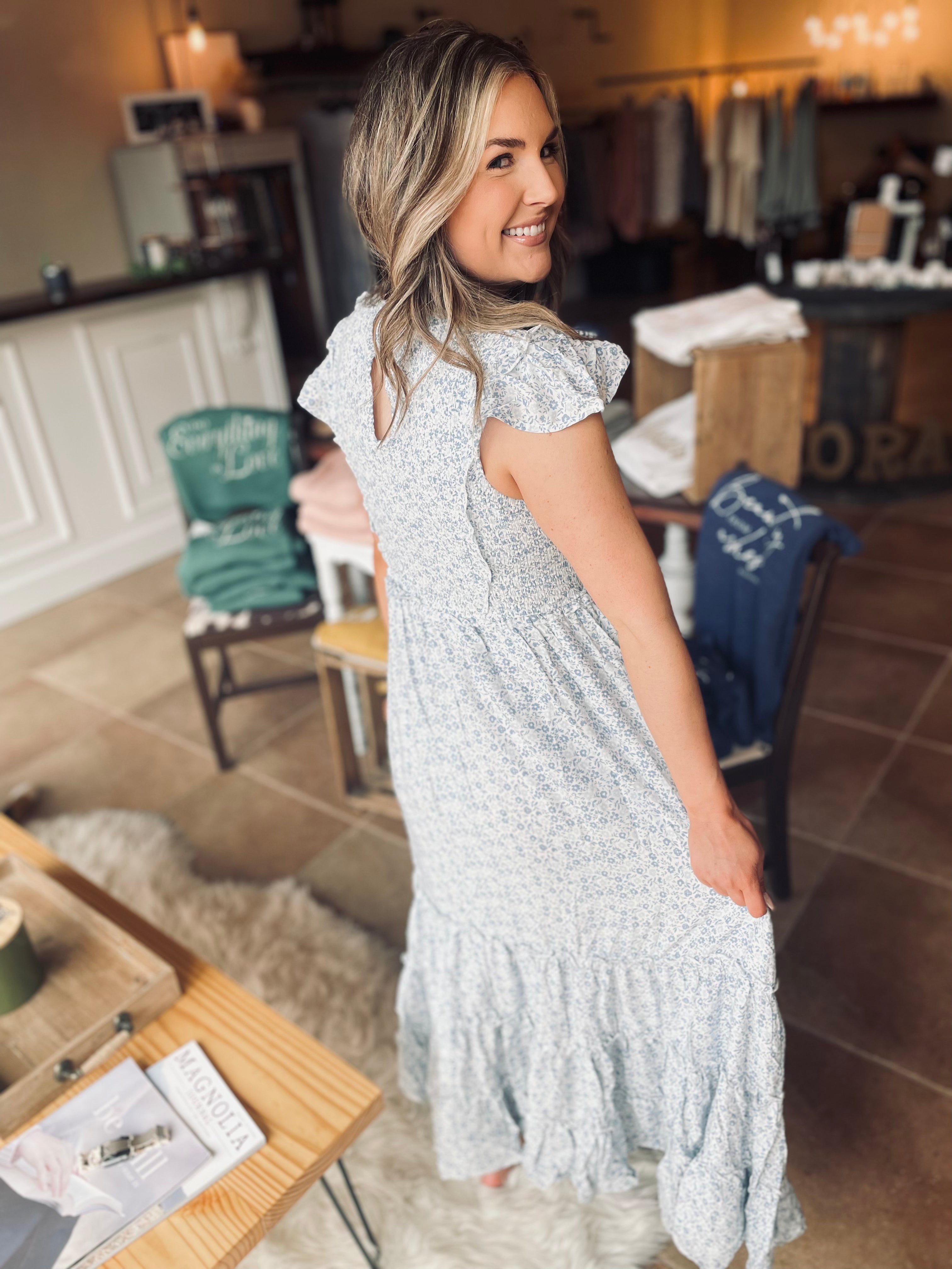 PRE-ORDER Forever Yours Dusty Blue Print Midi Dress