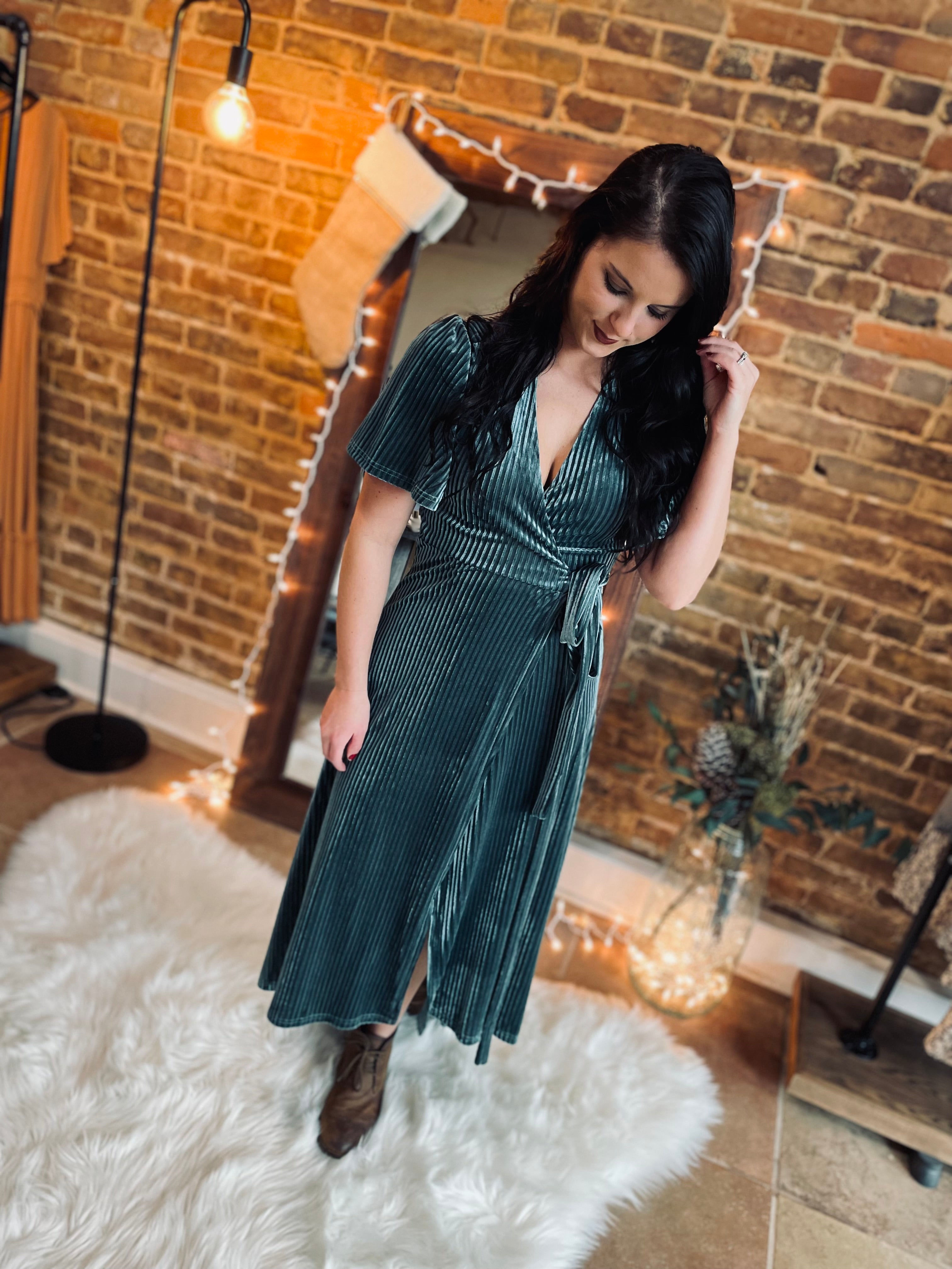 Believe In Love Emerald Velvet Wrap Dress