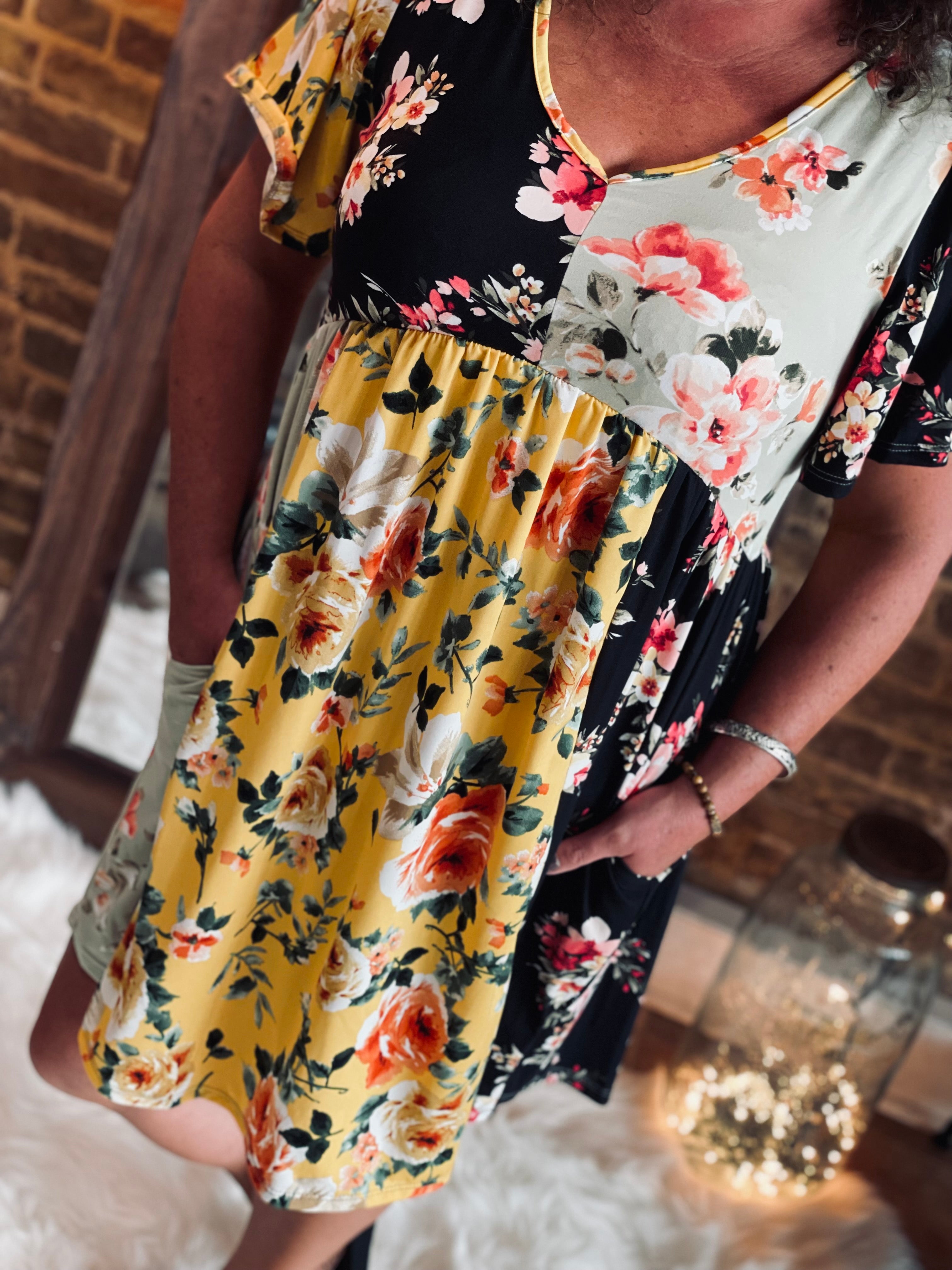 WildFlower Sage/Yellow/Black Print Dress FINAL SALE