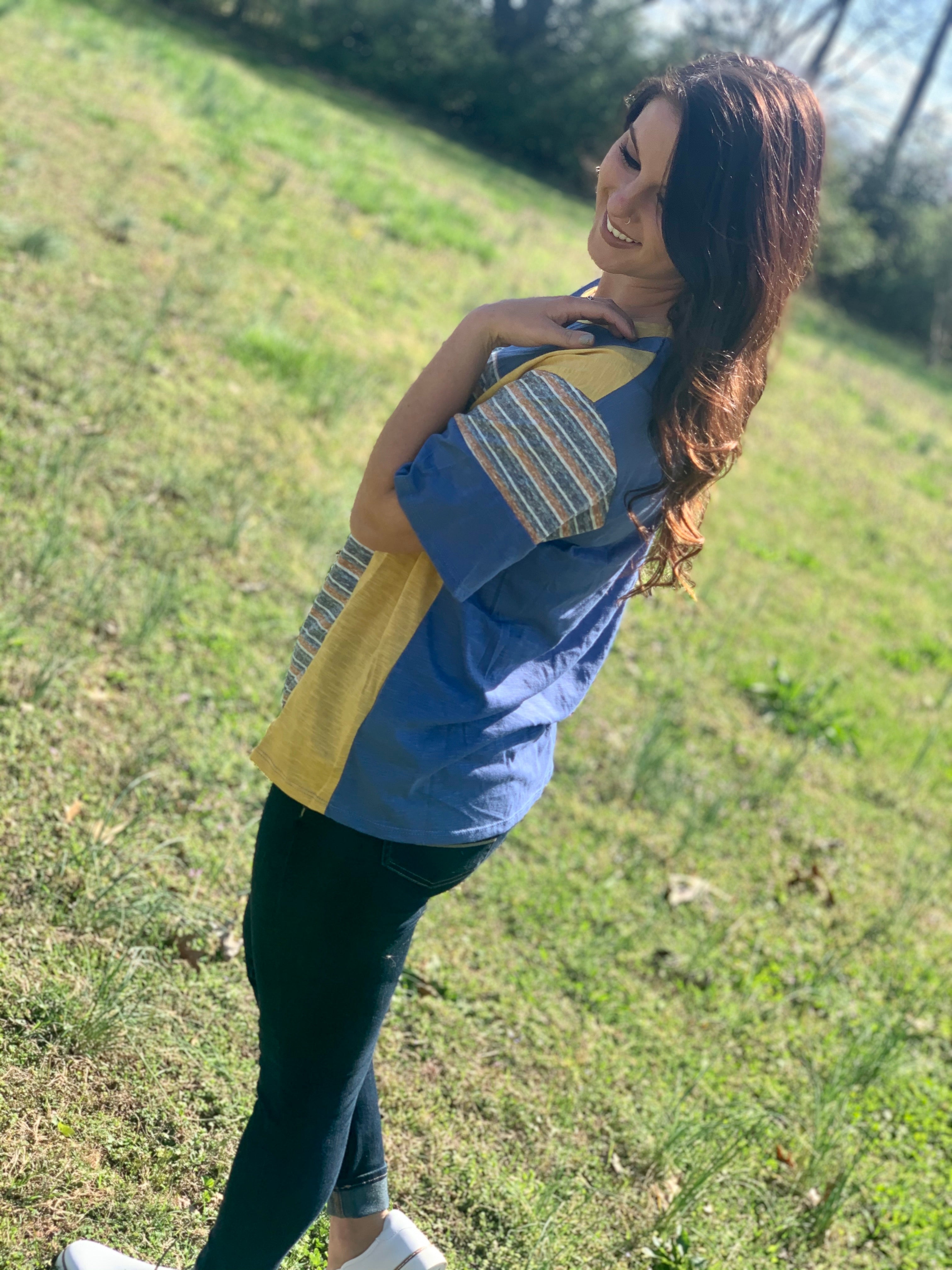 In Over My Head Blue/Mustard Stripe Top