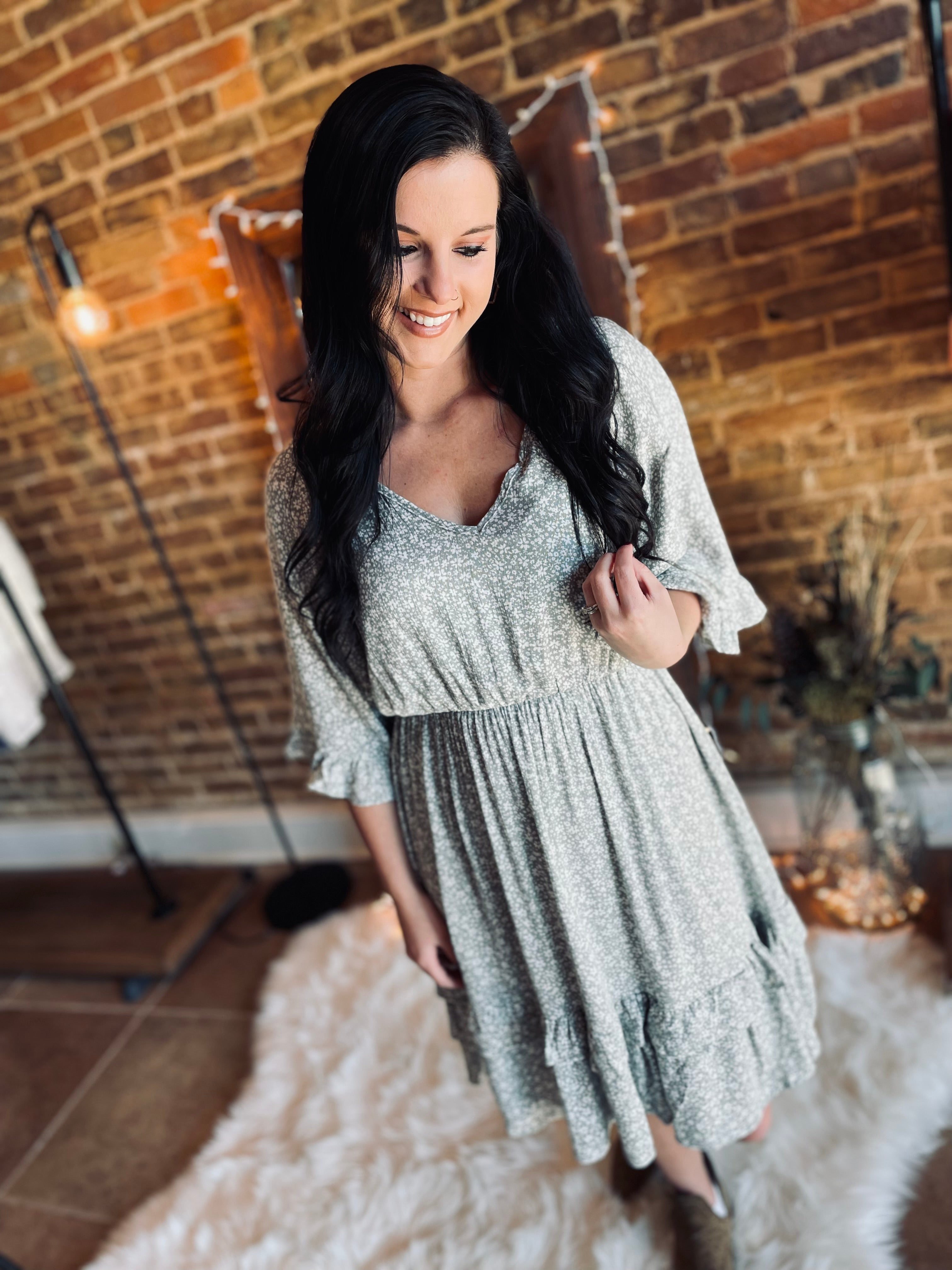 Southern Sweetheart Olive Grey Print Dress