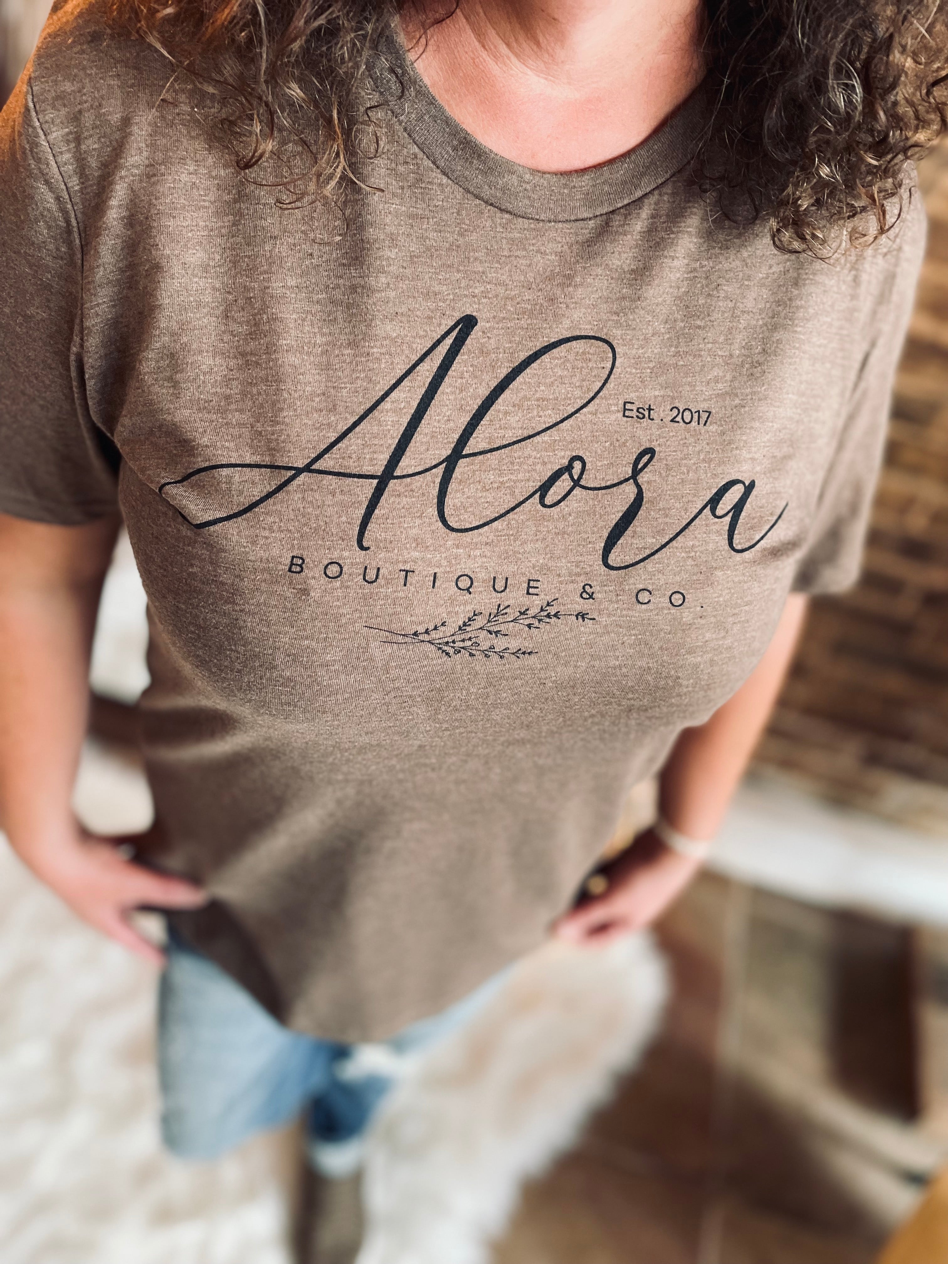 “Alora Boutique” Heather Brown Logo Tee FINAL SALE